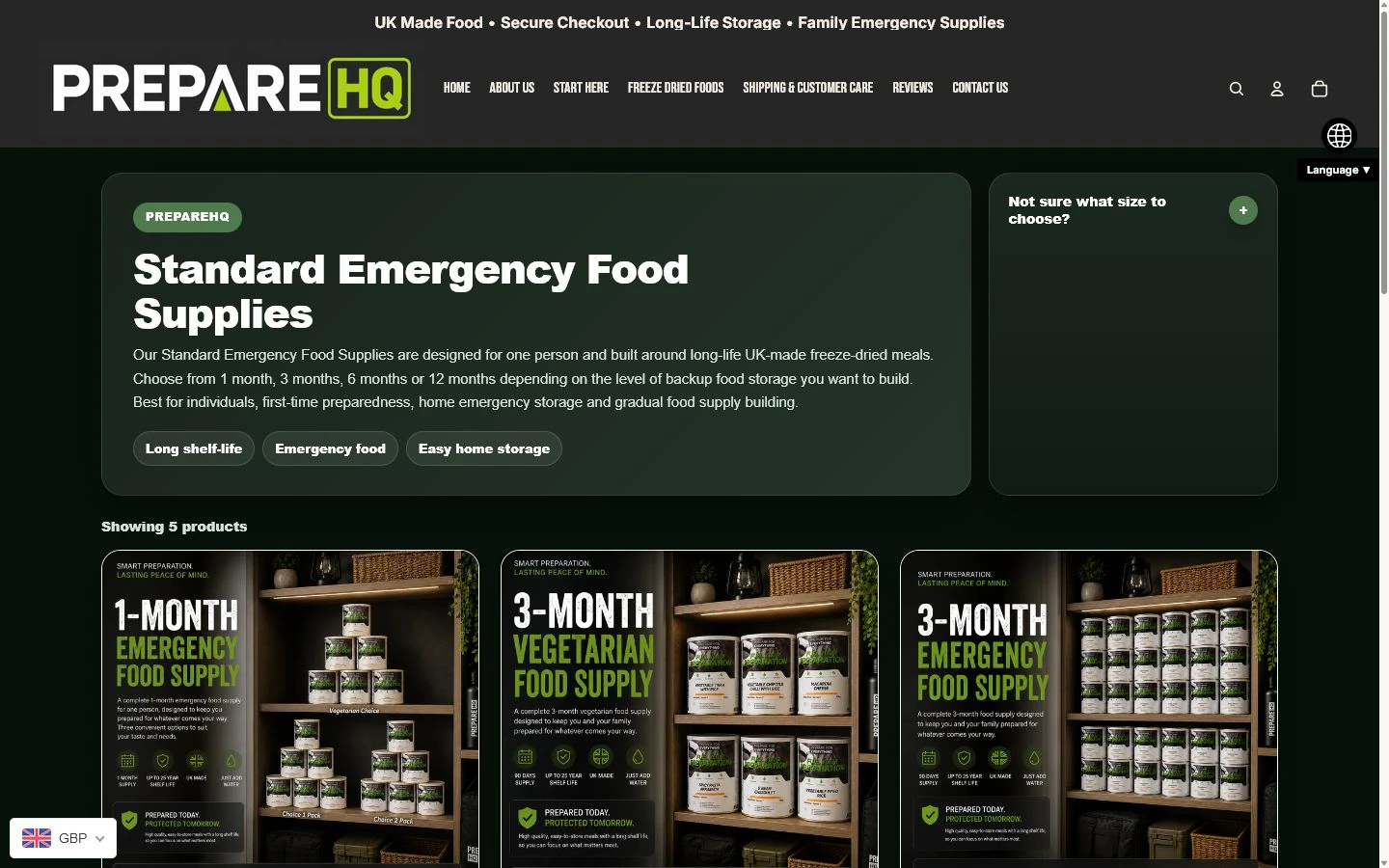PrepareHQ standard emergency food supplies collection page