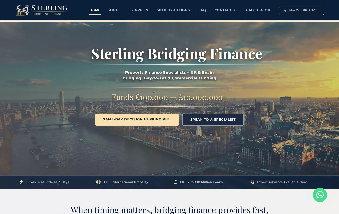 Sterling Bridging Finance homepage shown in a desktop browser view