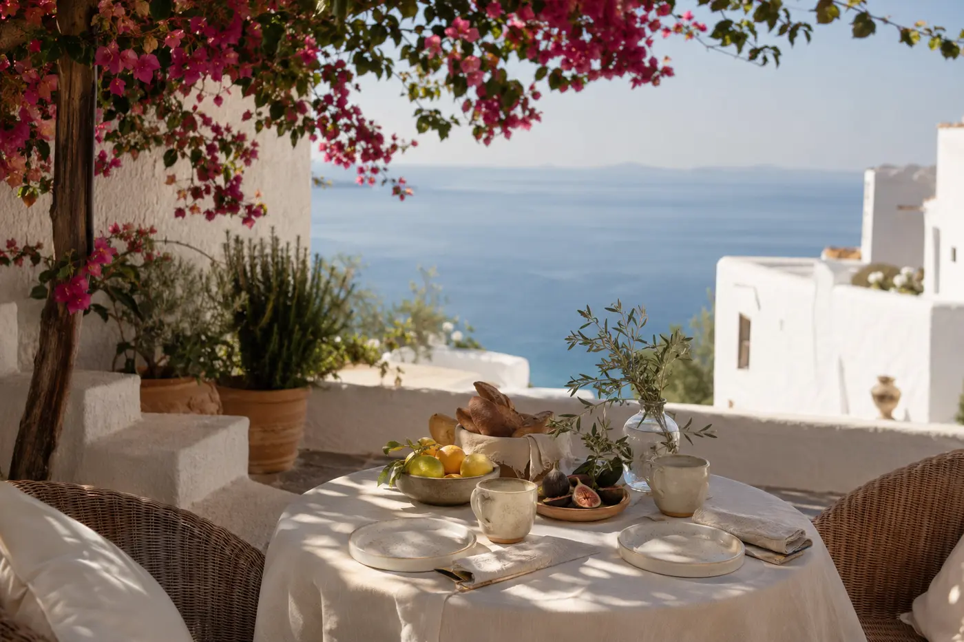 Fictional breakfast terrace at Casa Neravia overlooking the sea