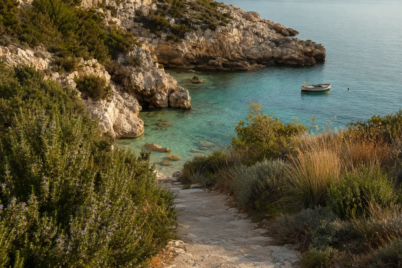Fictional secluded Mediterranean cove reached by a stone coastal path
