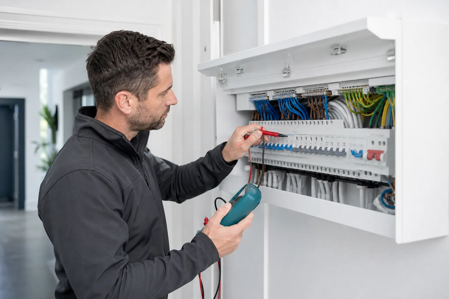 Electrician checking wiring at a modern consumer unit