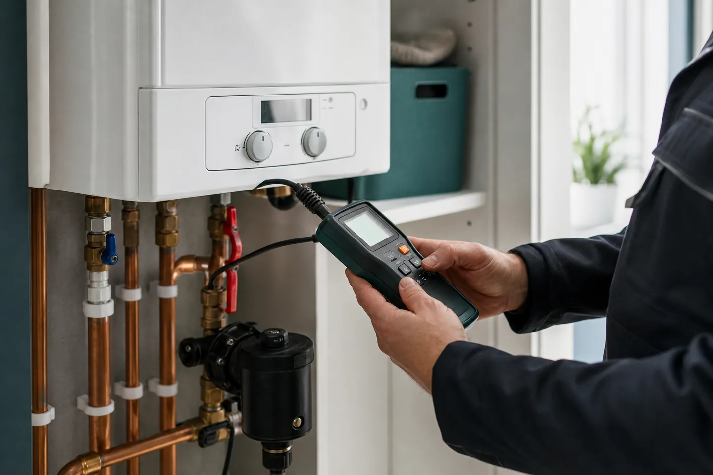 Technician checking pipework beside a domestic heating system