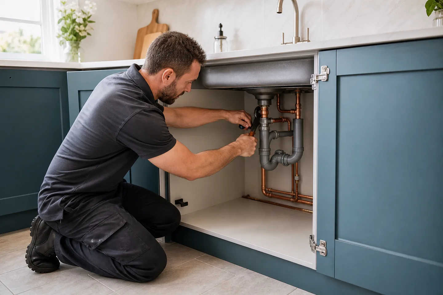 Plumber repairing pipework beneath a kitchen sink